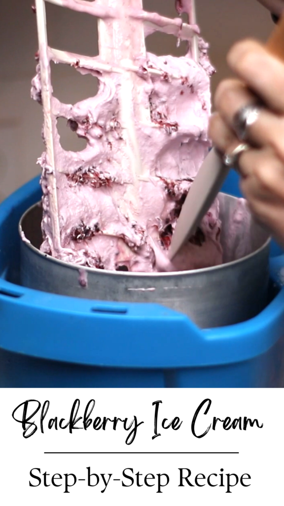 Blackberry ice cream in an ice cream machine. across the photo is the text: blackberry ice cream. step by step recipe.