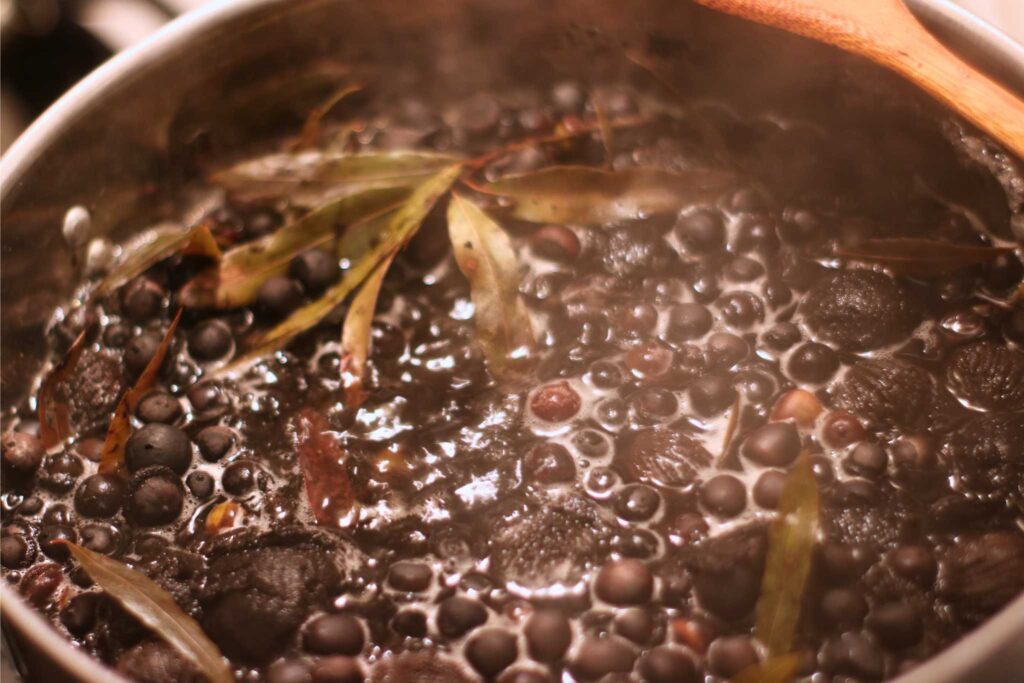 a simmering pot of acorns, walnuts, and water