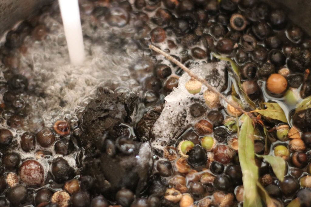 water flowing into a pot of acorns and walnuts