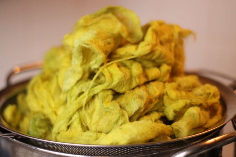 a pile of yellow wool dyed with weld