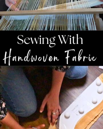 a weaver's hands weaving on a rigid heddle loom, and a person cutting pieces out of handwoven fabric to sew with