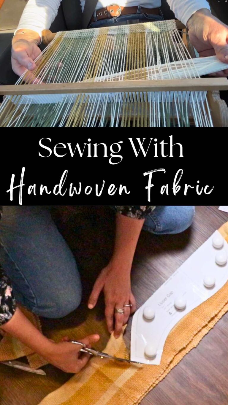 a weaver's hands weaving on a rigid heddle loom, and a person cutting pieces out of handwoven fabric to sew with