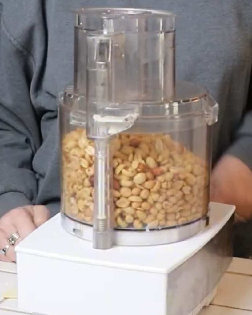 a large food processor filled with shelled peanuts