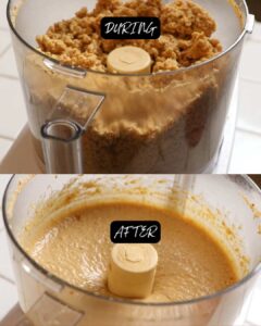 two photos showing how to make peanut butter. the top photo shows a food processor half full of a crumbly, partially done peanut butter. the lower photo shows the food processor half full of smooth, finished peanut butter.