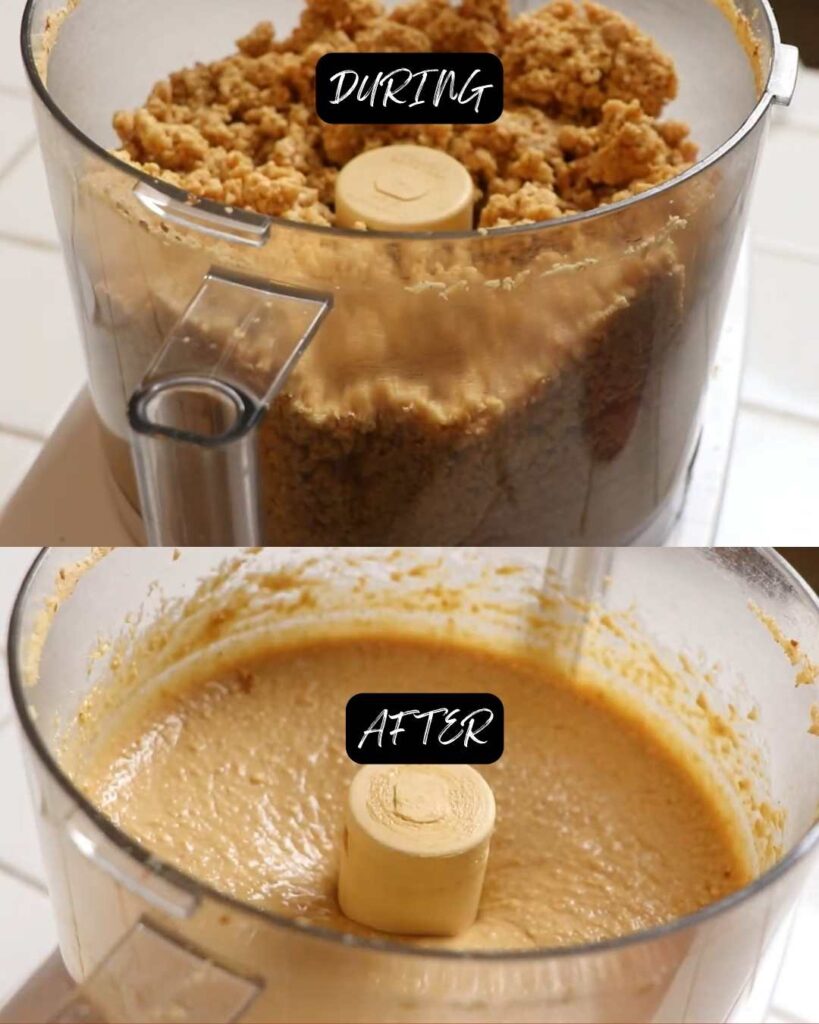two photos showing how to make peanut butter. the top photo shows a food processor half full of a crumbly, partially done peanut butter. the lower photo shows the food processor half full of smooth, finished peanut butter.